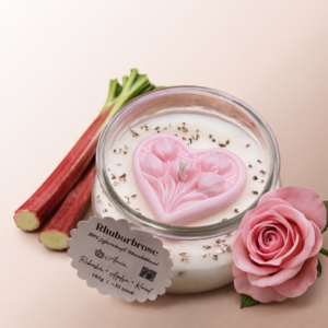 Rhubarbrose-sojavahast käsitööküünal